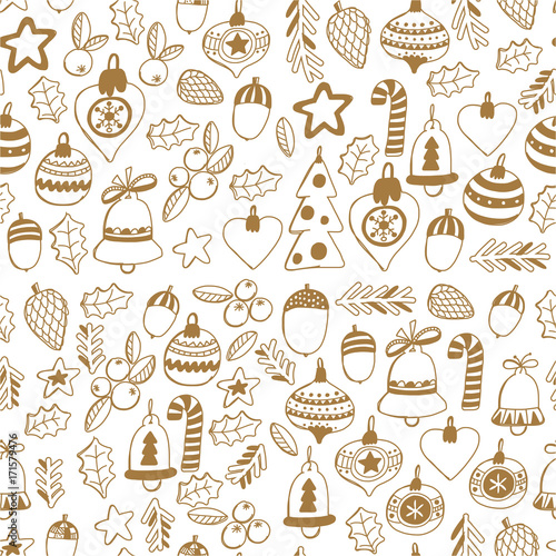 Gold Christmas seamless pattern with christmas bells, snowflakes, candy, stars Holly jolly Merry Christmas and Happy New Year © rudut2015
