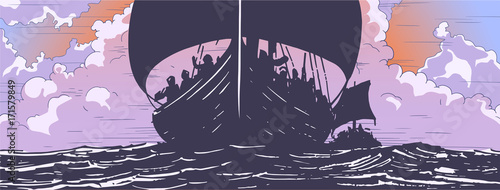 Illustration of viking ships navigating on sea
