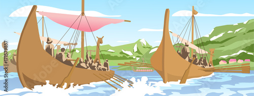 Illustration of viking ships navigating on sea