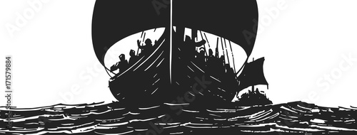 Illustration of viking ships navigating on sea in black and white