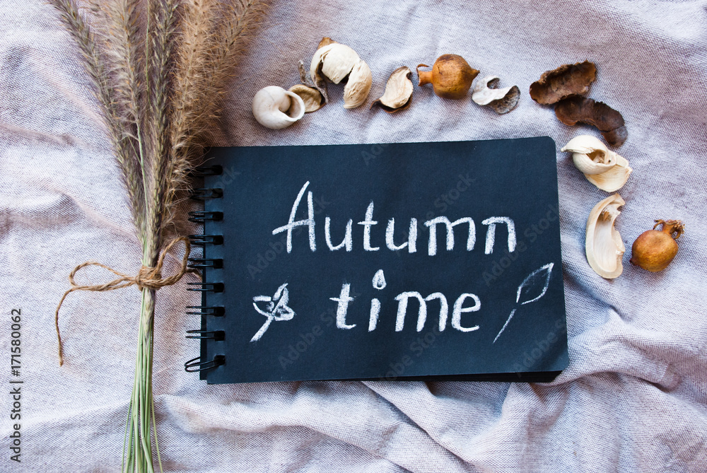 Naklejka premium Text Autumn Time on black paper and fall decor elements. Fall background.