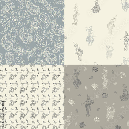 4 seamless patterns with oriental patterns: dancers, butts, flowers.