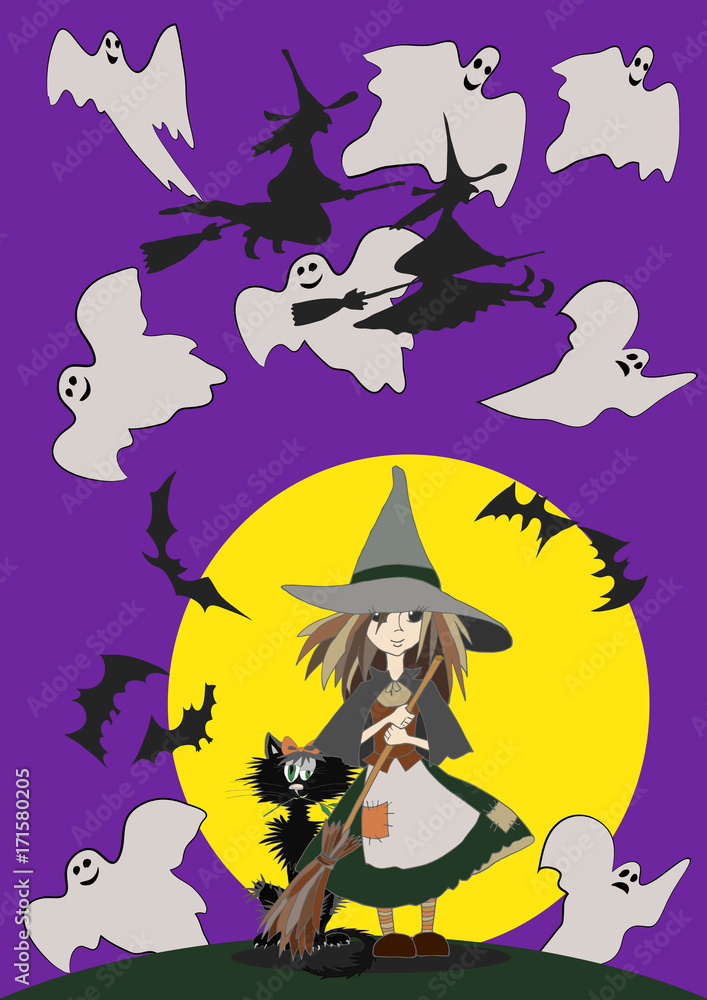 Halloween poster / card/ background. Little witch and her black cat.