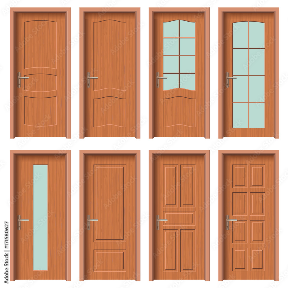 Obraz premium Wooden door set, Interior apartment closed door with iron hinges