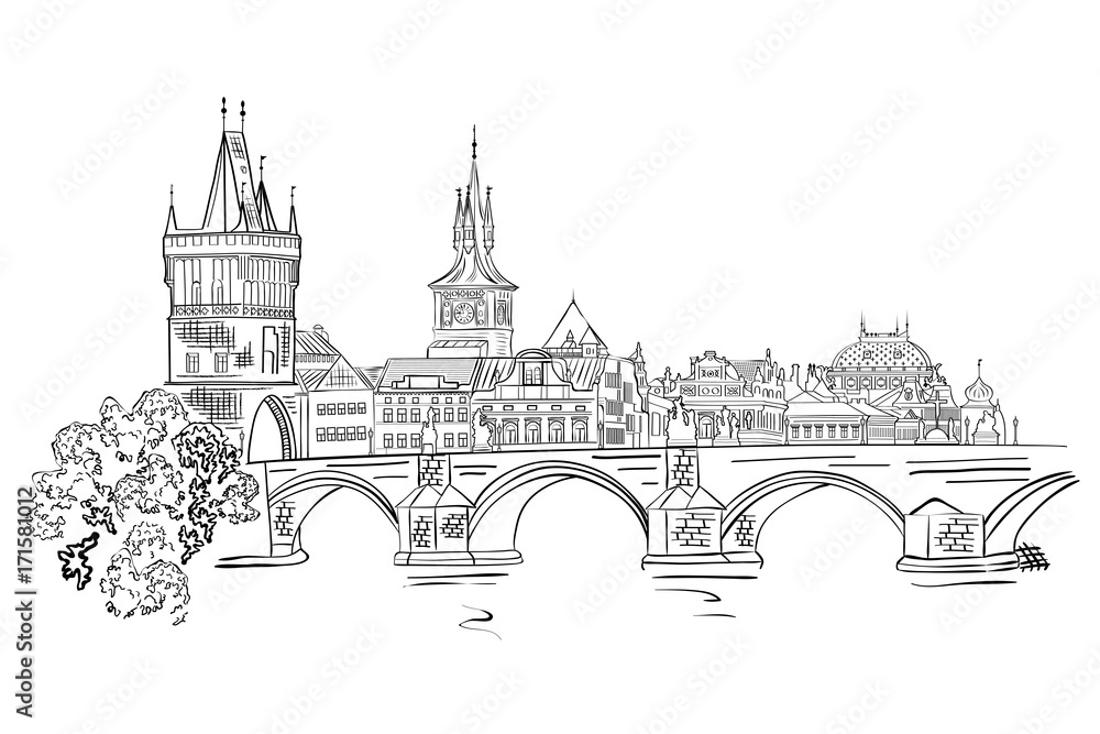 Panorama of Prague. View of Charles Bridge and the Vltava river embankment.Czech Republic. Vector illustration.