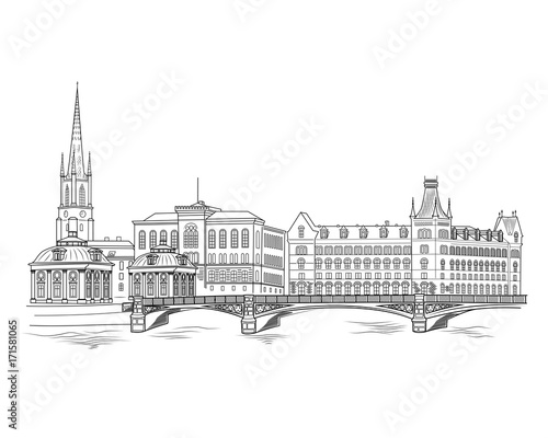 Attractions of Stockholm. Panorama of the city. View of the embankment from the river.