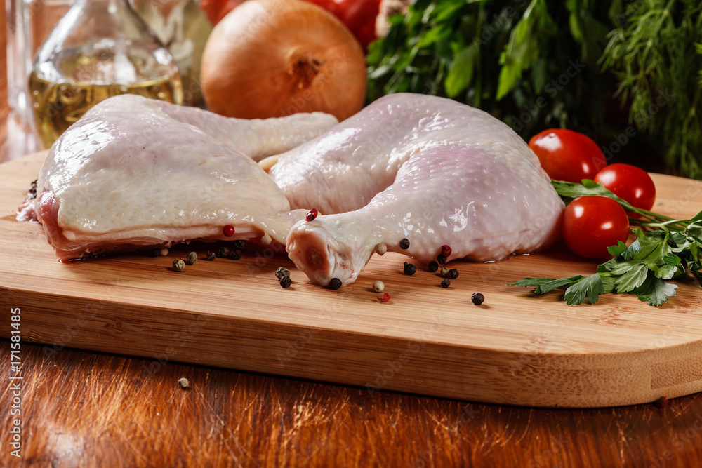 Raw chicken legs and marinade ingredients Raw chicken legs and marinade ingredients