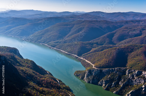 Hillsides of a surrounded mountains over Danube river at Djerdap gorge and national park in east Serbia © banepetkovic