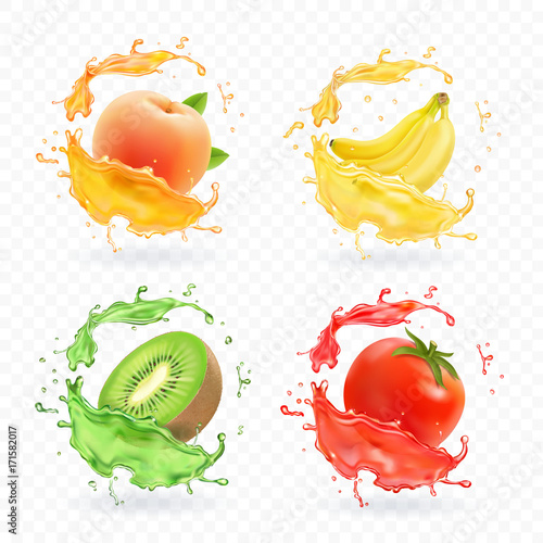 Kiwi fruit, banana, tomato, peach apricot juice. Realistic fresh splashes vector fruits icon set