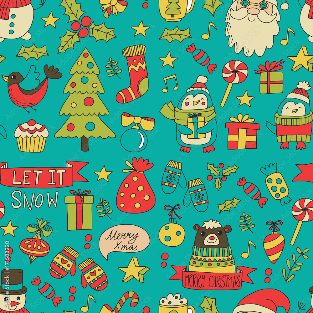 Christmas Xmas New year Vector doodle set of icons with Santa Claus, penguin, snowman, bear, presents, christmas decoration Seamless pattern Christmas Xmas New year Vector doodle set of icons with Santa Claus, penguin, snowman, bear, presents, christmas decoration Seamless pattern