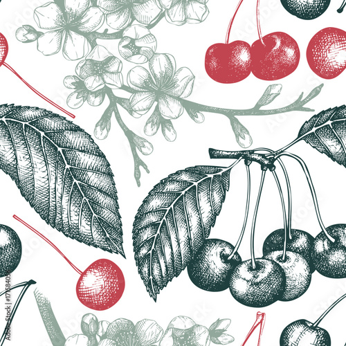 Vector seamless pattern with hand drawn cherry tree illustration photo