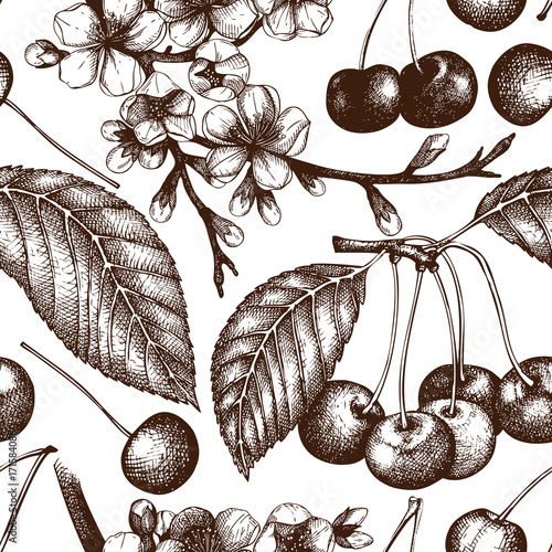 Vector seamless pattern with hand drawn cherry tree illustration
