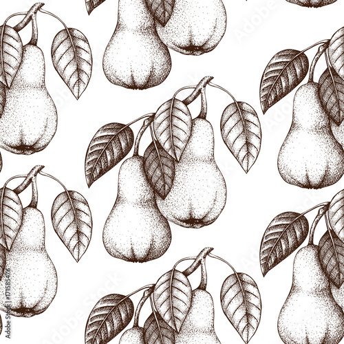Vector seamless pattern with vintage pear tree illustration