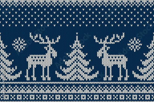 Winter Holiday Seamless Knitted Pattern with a Christmas Trees and Elks. Knitting Sweater Design. Wool Knitted Texture