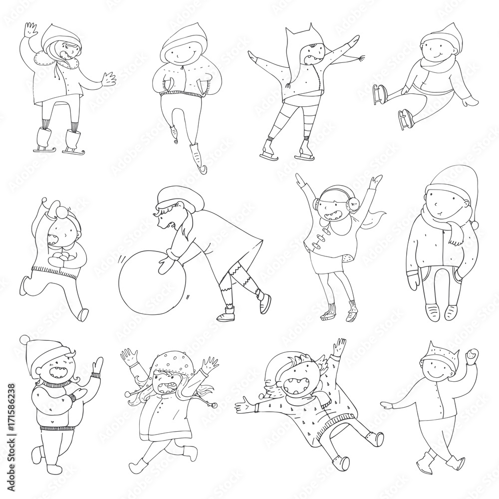 Set with lovely kids playing in winter clothes. Outdoor activities, happy doodle children in hand drawn style.