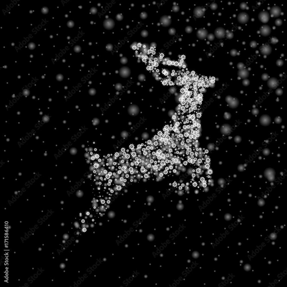 Christmas deer of snowflakes particles on black background. Christmas vector illustration. Falling snow. Winter picture with beautiful snowfall Christmas deer of snowflakes particles on black background. Christmas vector illustration. Falling snow. Winter picture with beautiful snowfall