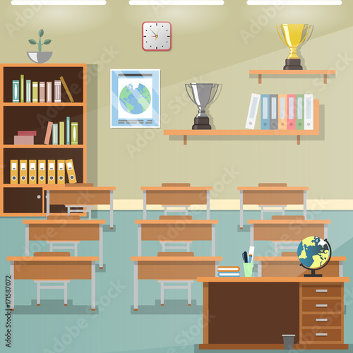 School classroom with desks.