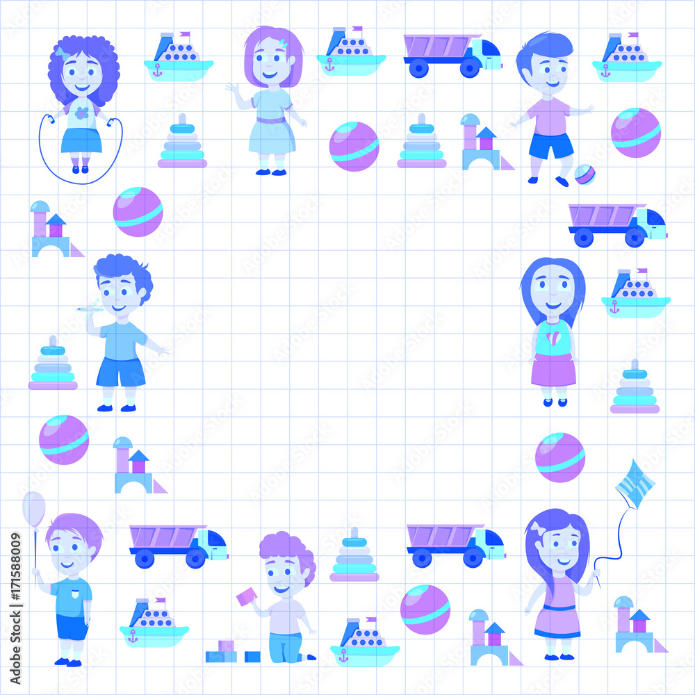 Kindergarten Vector flat icons for advertising brochure. Ready for your designs. Children play. Kindergarten kids with toys. Funny cartoon character. Vector illustration Kindergarten Vector flat icons for advertising brochure. Ready for your designs. Children play. Kindergarten kids with toys. Funny cartoon character. Vector illustration