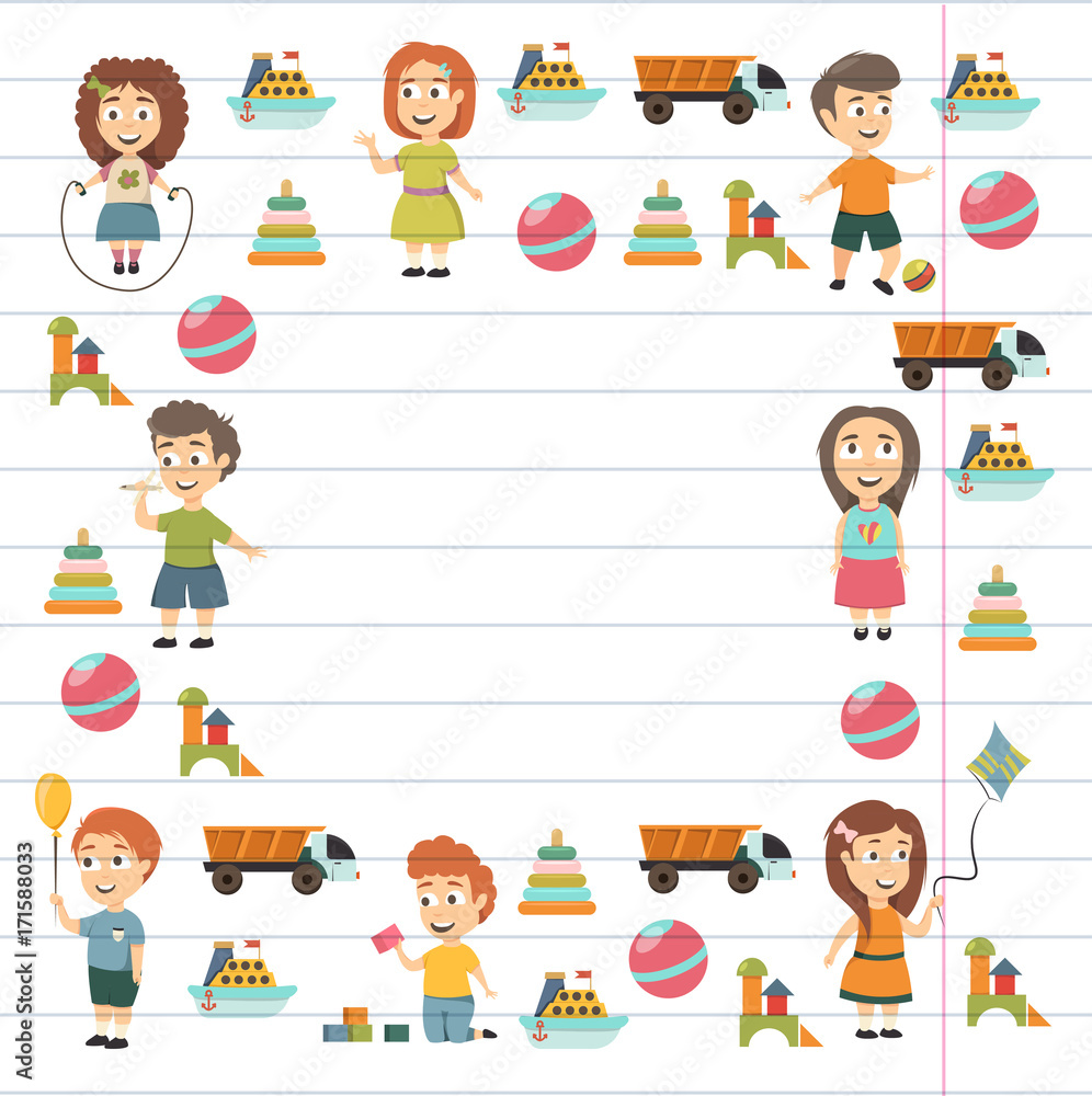 Kindergarten Vector flat icons for advertising brochure. Ready for your designs. Children play. Kindergarten kids with toys. Funny cartoon character. Vector illustration Kindergarten Vector flat icons for advertising brochure. Ready for your designs. Children play. Kindergarten kids with toys. Funny cartoon character. Vector illustration