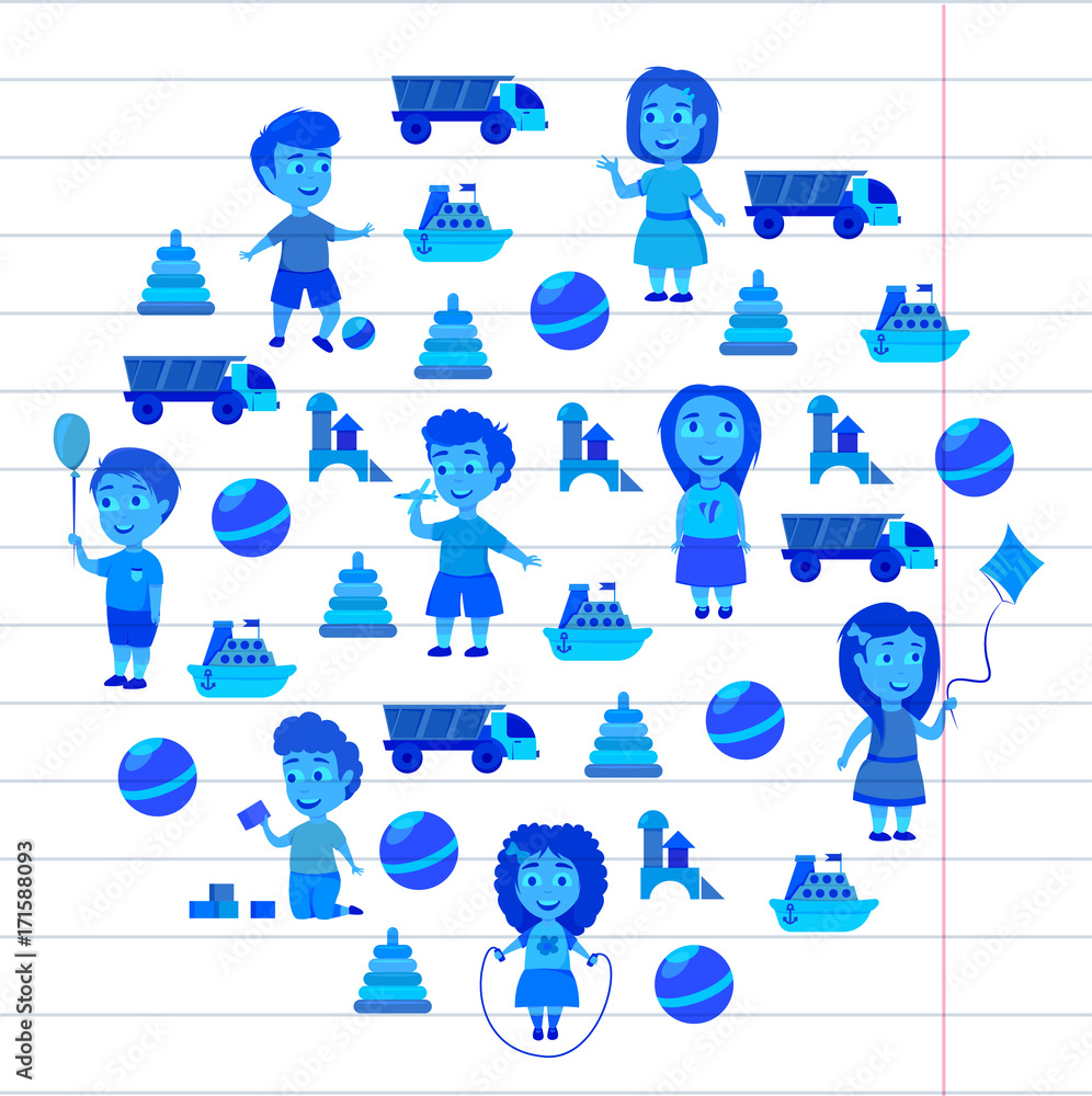 Fototapeta premium Kindergarten Vector flat icons for advertising brochure. Ready for your designs. Children play. Kindergarten kids with toys. Funny cartoon character. Vector illustration