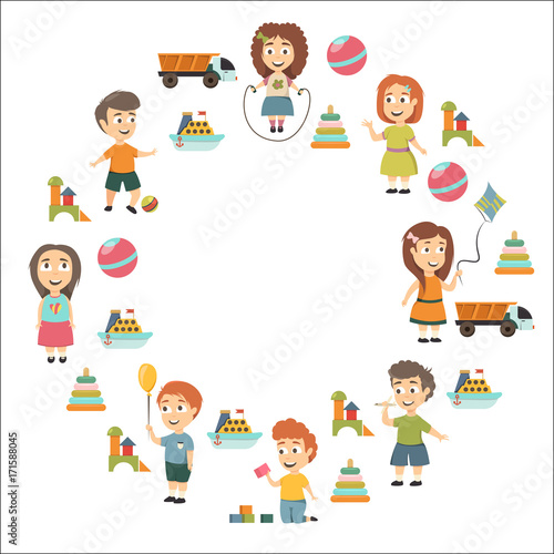 Wallpaper Mural Kindergarten Vector flat icons for advertising brochure. Ready for your designs. Children play. Kindergarten kids with toys. Funny cartoon character. Vector illustration Torontodigital.ca