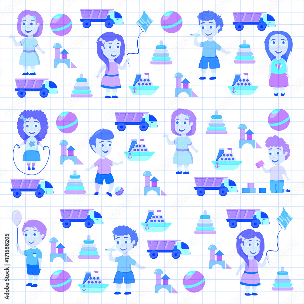 Kindergarten Vector flat icons for advertising brochure. Ready for your designs. Children play. Kindergarten kids with toys. Funny cartoon character. Vector illustration Kindergarten Vector flat icons for advertising brochure. Ready for your designs. Children play. Kindergarten kids with toys. Funny cartoon character. Vector illustration