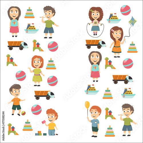 Kindergarten Vector flat icons for advertising brochure. Ready for your designs. Children play. Kindergarten kids with toys. Funny cartoon character. Vector illustration © rudut2015
