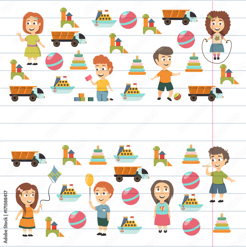 Kindergarten Vector flat icons for advertising brochure. Ready for your designs. Children play. Kindergarten kids with toys. Funny cartoon character. Vector illustration