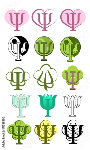 Set of psychology logos with psi symbols isolated on white. Vector illustration.