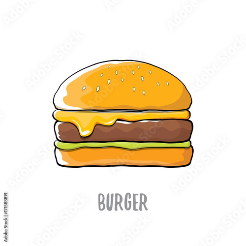 vector cartoon burger with cheese, meat and salad icon isolated on white background.