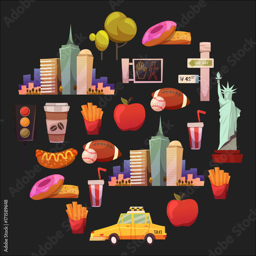 New york Set Vector pattern with flat icons Taxi, apple, donut, statue of Liberty New york Usa travel