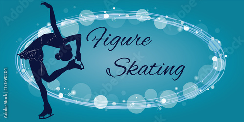 Silhouette of the figure skater against the background of blue elements photo