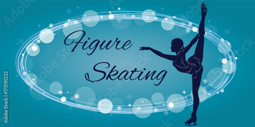 Silhouette of the figure skater against the background of blue patterns and elements. Vector illustration photo