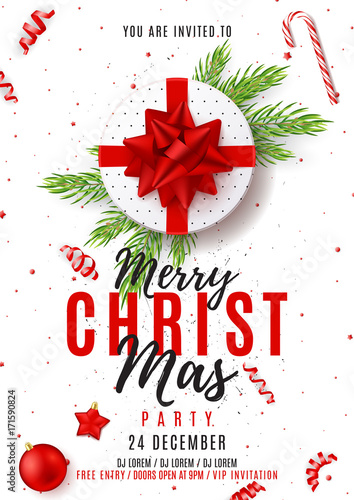 Merry Christmas Party Poster. Top view on white gift box with red bow on white backdrop. Vector illustration with confetti and serpentine. Invitation to nightclub with xmas ball, star and candy.