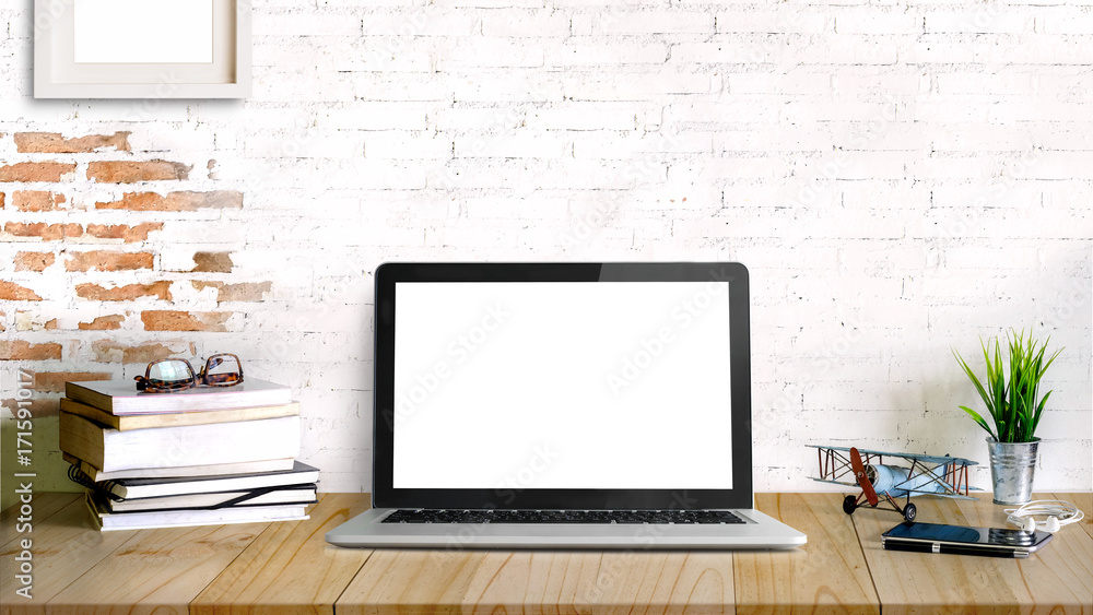 Mock up : Designer or Stylish workspace with laptop computer, office supplies and notebooks with white brick wall at home or studio office. Blank screen for graphics display montage. Mock up : Designer or Stylish workspace with laptop computer, office supplies and notebooks with white brick wall at home or studio office. Blank screen for graphics display montage.