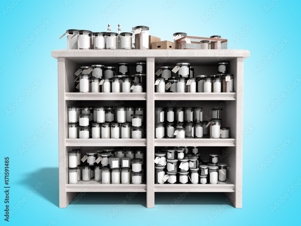 trading table with jars 3d render on blue background trading table with jars 3d render on blue background