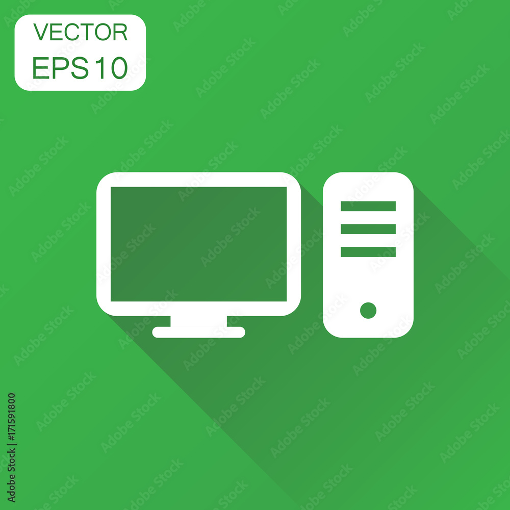 Computer icon. Business concept computer desktop pictogram. Vector illustration on green background with long shadow. Computer icon. Business concept computer desktop pictogram. Vector illustration on green background with long shadow.