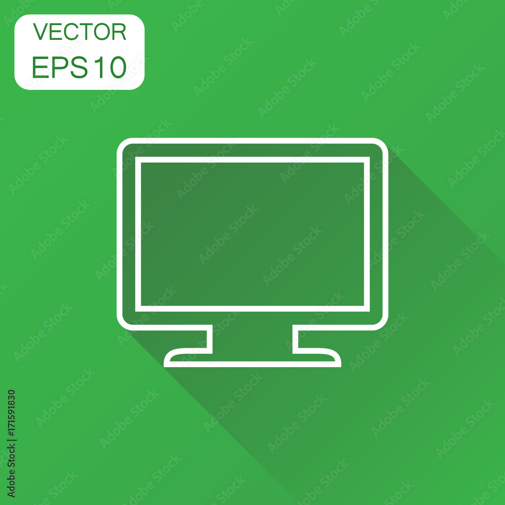 Computer monitor icon. Business concept tv screen pictogram. Vector illustration on green background with long shadow. Computer monitor icon. Business concept tv screen pictogram. Vector illustration on green background with long shadow.