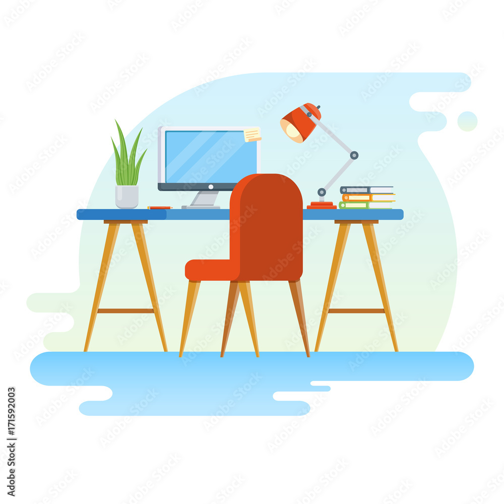 Fototapeta premium Concept of workplace with computer and office equipment. Flat vector illustration of Creative Workspace