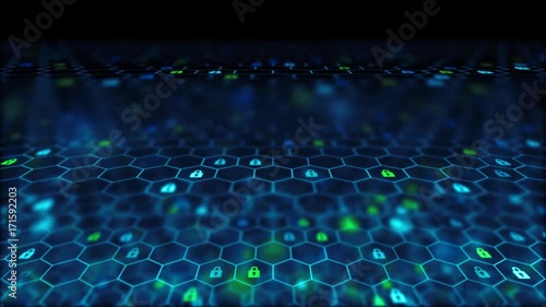 The locks are located in hexagon cell on black background for broadcast and films. Seamless animation. High-quality 3D rendering for financial, banking, web technologies or social background.