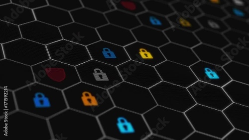 Shields blink in hexagon on black background. Icon locks appear and disappear with the shields. 3D Security Concept. Motion graphic for abstract data center, server, internet.