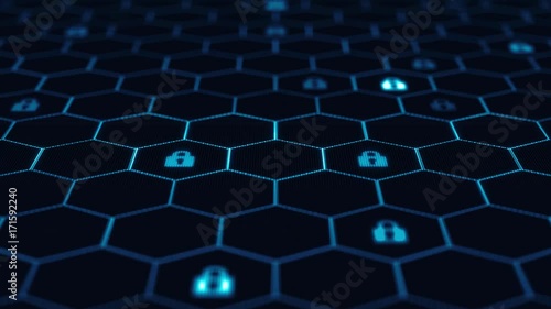 The locks are located in hexagon cell on black background for broadcast and films. Seamless animation. High-quality 3D rendering for financial, banking, web technologies or social background. Loopable