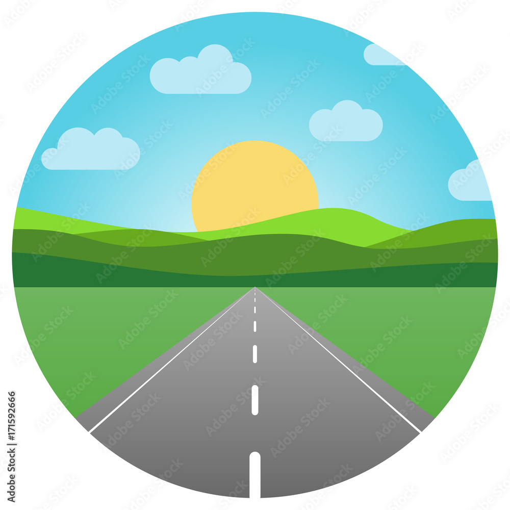 Vector asphalt road leaving into the horizon in circle. Summer landscape with highway at sunrise with green field and clouds on blue sky.
