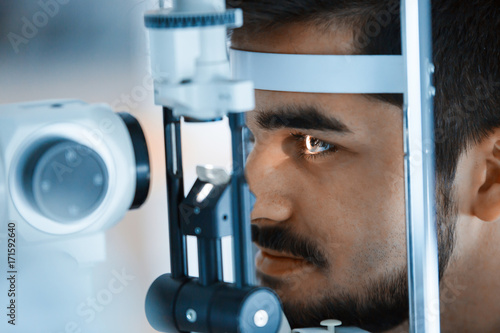 Ophthalmology concept. Patient eye vision examination in ophthalmological clinic