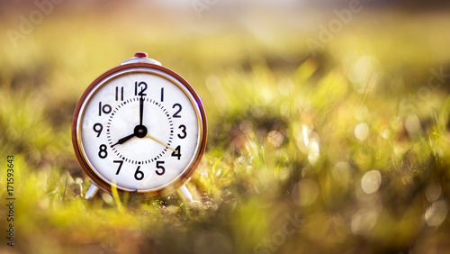 Autumn time concept - red alarm clock in the grass