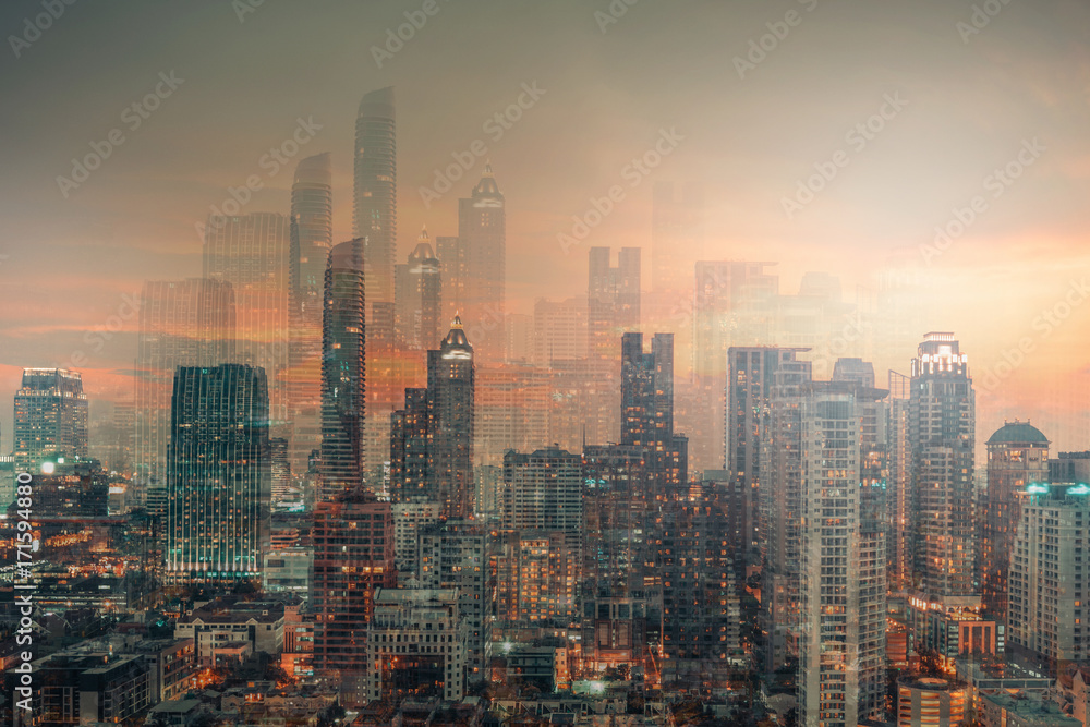 Modern city abstract background with sunset.