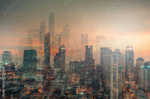 Modern city abstract background with sunset.