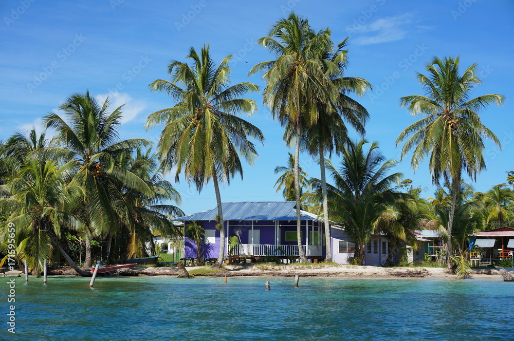 Rustic tropical home on the sea shore with coconut trees, Caribbean, Central America, Panama Rustic tropical home on the sea shore with coconut trees, Caribbean, Central America, Panama