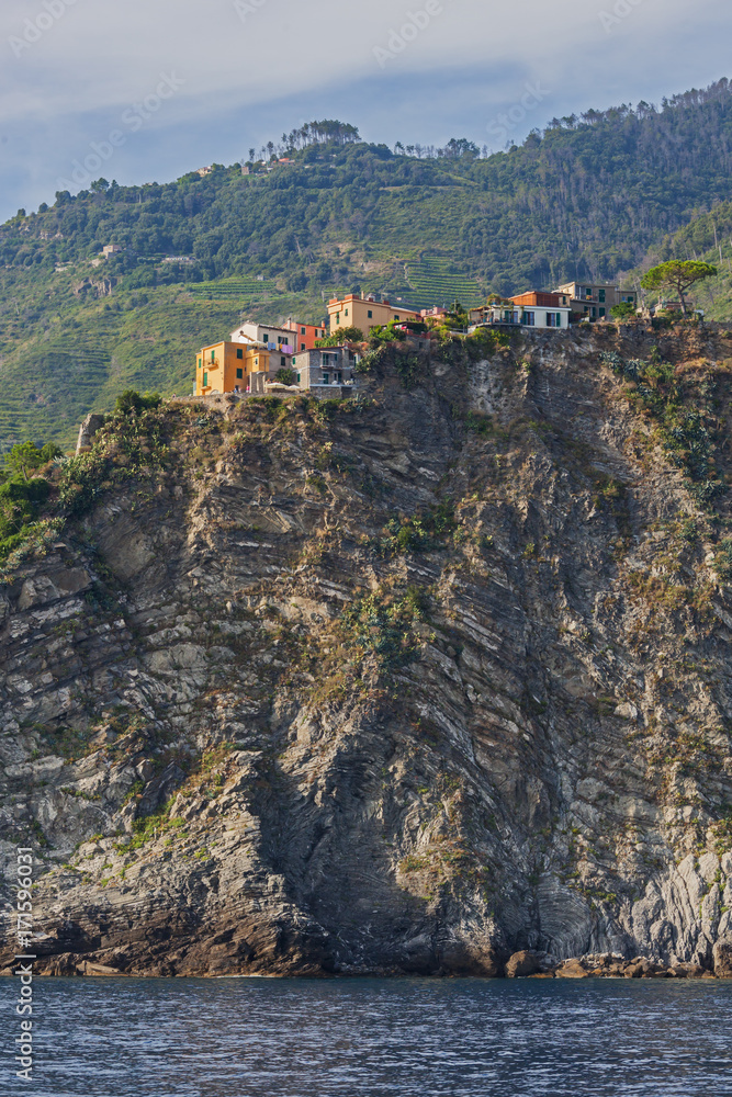 Steep cliffs of Liguria coastline with picturesque villages of Cinque Terre National park, Italy