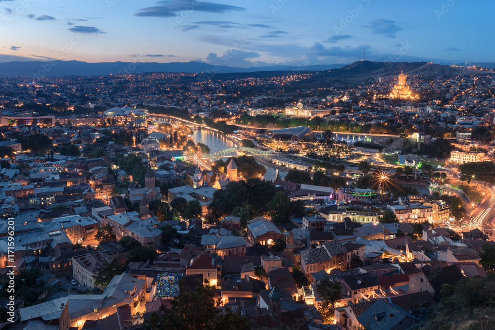 View at at the old part of Tbilisi at sunset. Night view of Tbilisi in Georgia